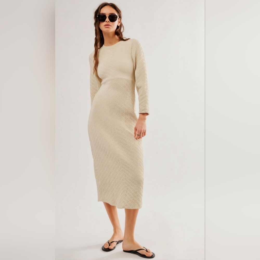 Free‎ People Gabby Seamless Midi Dress w Back Peephole Oatmeal Color Sz:M/L